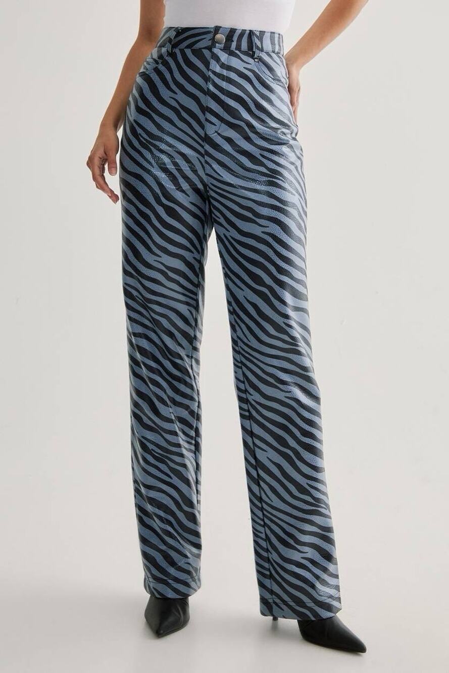 Nasty Gal Blue Zebra Faux Leather Pants Women’s Sz 0 High Rise Straight Leg NWT